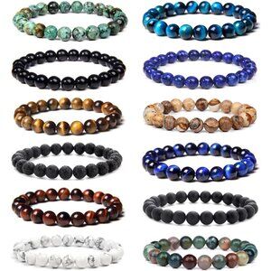 12Pcs Gemstone Beaded Stretch Bracelets Set Unisex Crystal Stone Jewelry